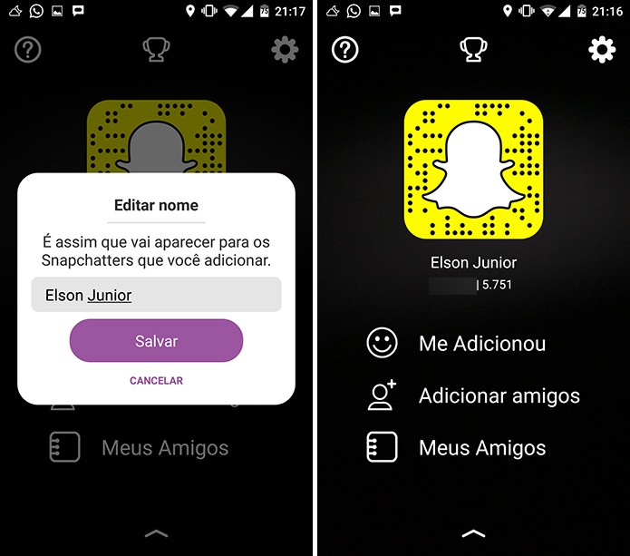 Snapchat pode exibir nome diferente do seu nickname para os seus amigos (Foto: Reprodução/Elson de Souza)