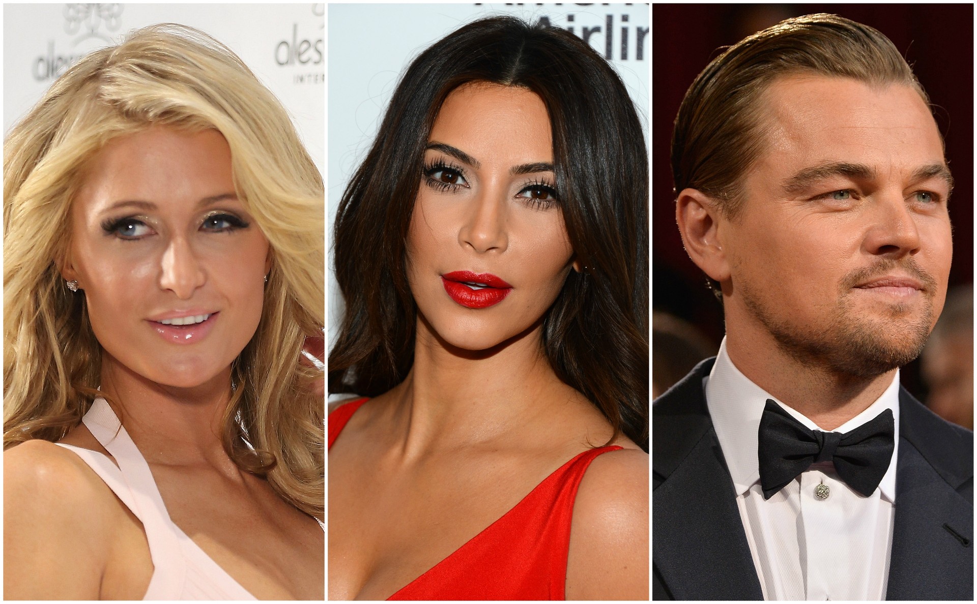 Paris Hilton (à esq.), Kim Kardashian e Leonardo DiCaprio. (Foto: Getty Images)