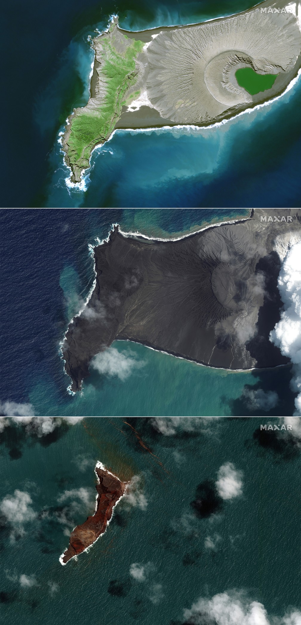 Combinação de imagens de satélite mostra o vulcão Hunga Tonga Hunga Ha'apai, em Tonga, em 10 de abril de 2021 (no topo), em 6 de janeiro de 2022 (no meio) e em 18 de janeiro de 2022 (abaixo) — Foto: Maxar Technologies via AP