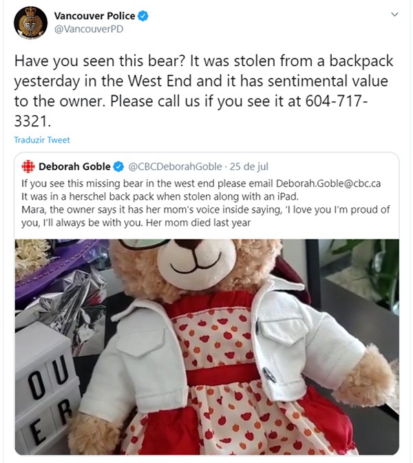 Polícia de Vancouver pede ajuda a seguidores no Twitter para encontrar urso de pelúcia roubado (Foto: Twitter)