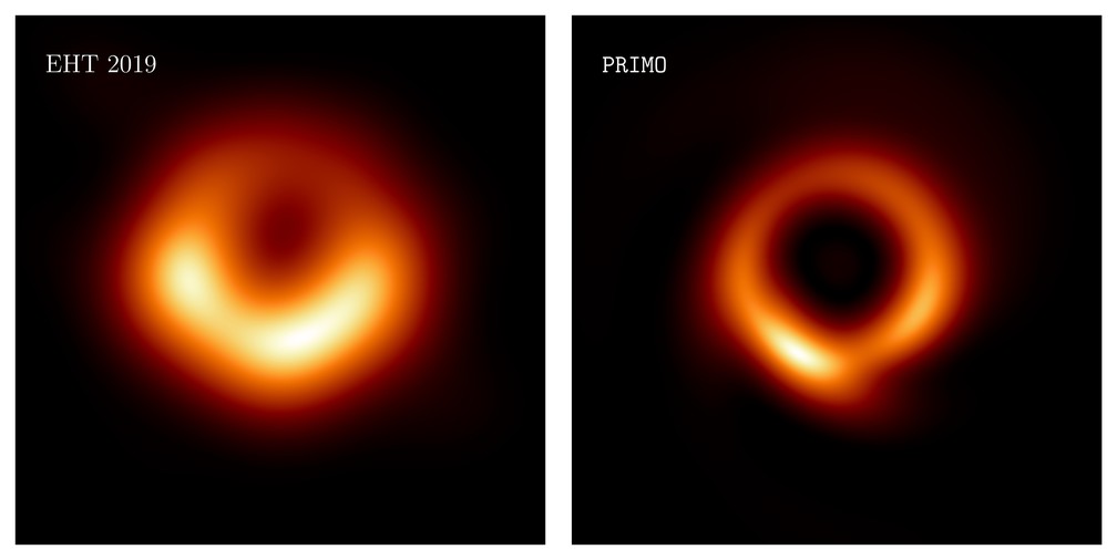 Comparação entre as duas imagens do buraco negro. Na esquerda, foto original de 2019 de M87*. Na direita, a foto reconstruída. — Foto: EHT/PRIMO/INSTITUTE FOR ADVANCED STUDY