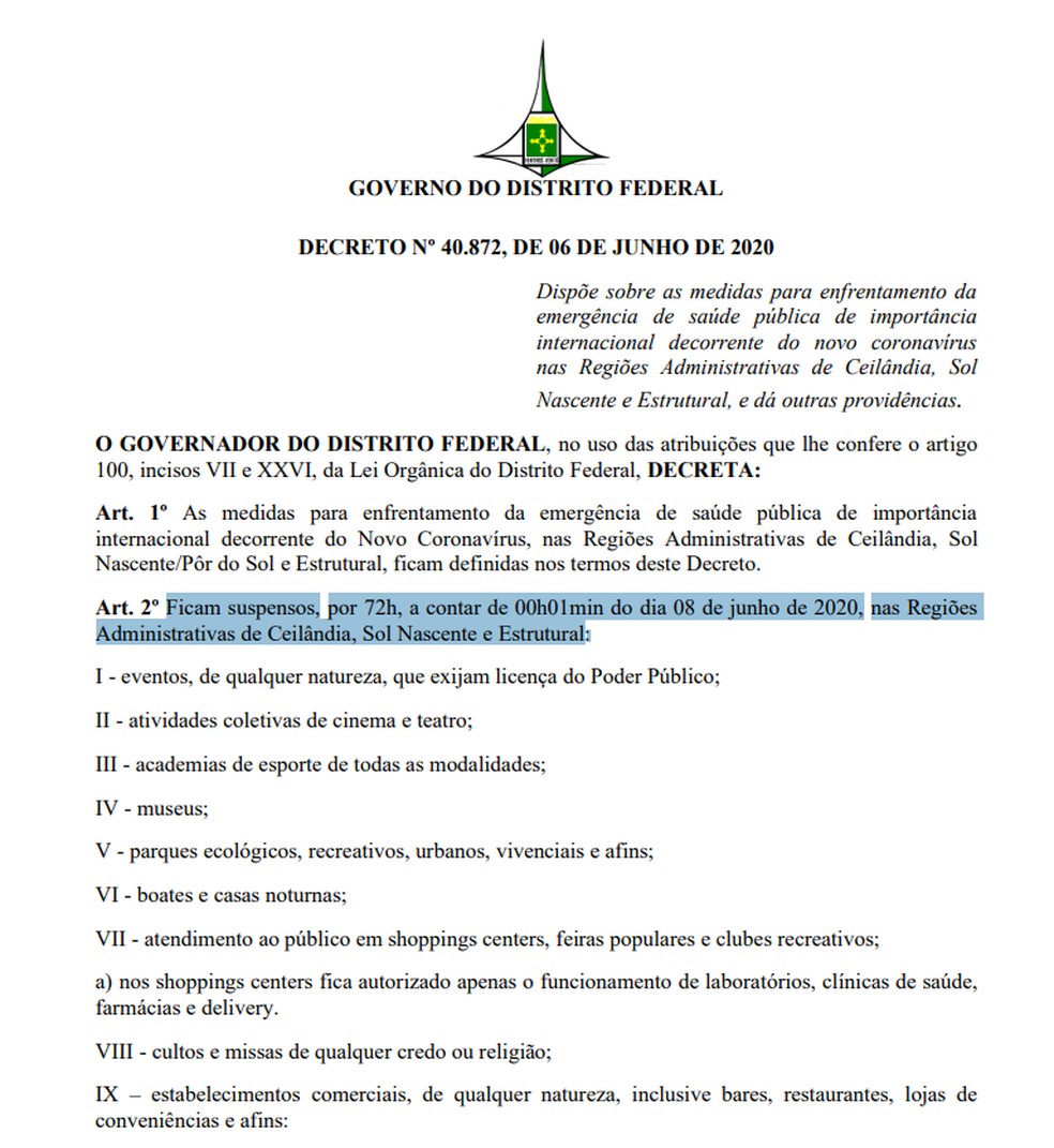Decreto do GDF determina restrições em regiões do DF — Foto: DODF/Reprodução