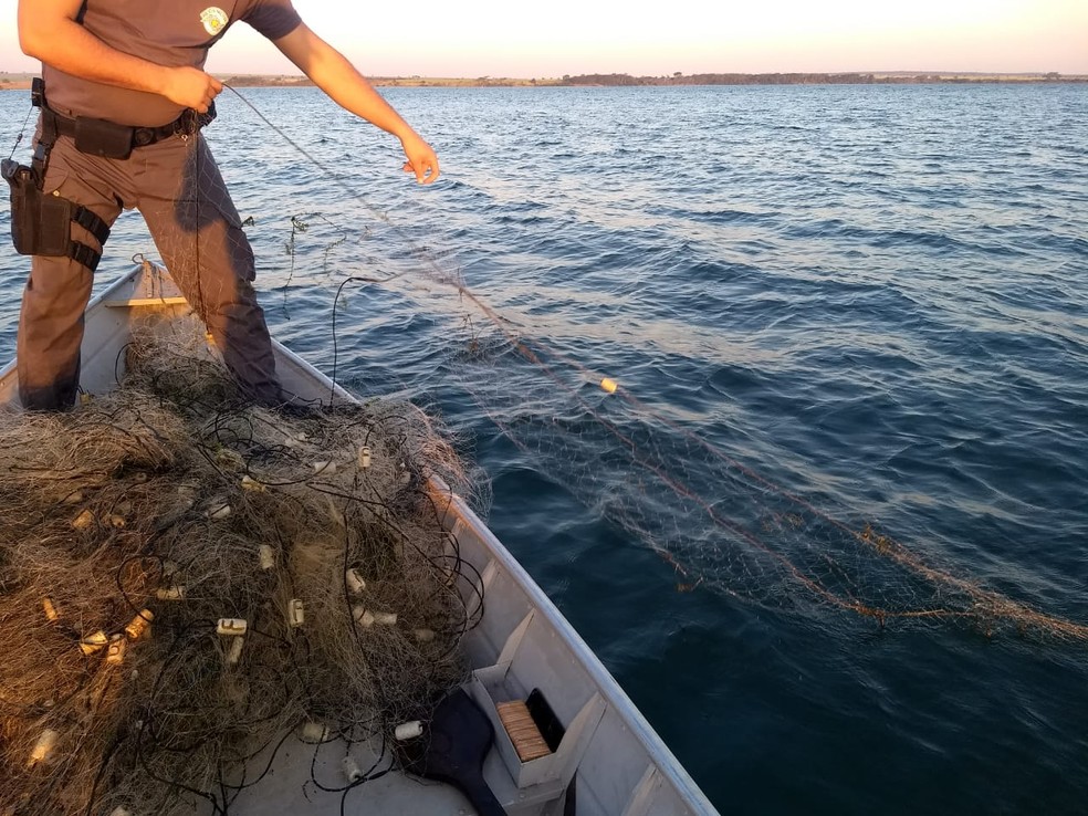 Redes de pesca irregularidades foram apreendidas no Rio ParanÃ¡ (Foto: Cedida/PolÃ­cia Militar Ambiental)