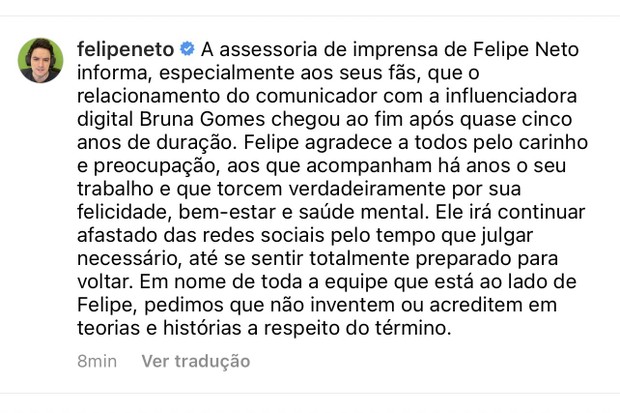 Felipe Neto anuncia separação (Foto: Reprodução Twitter)