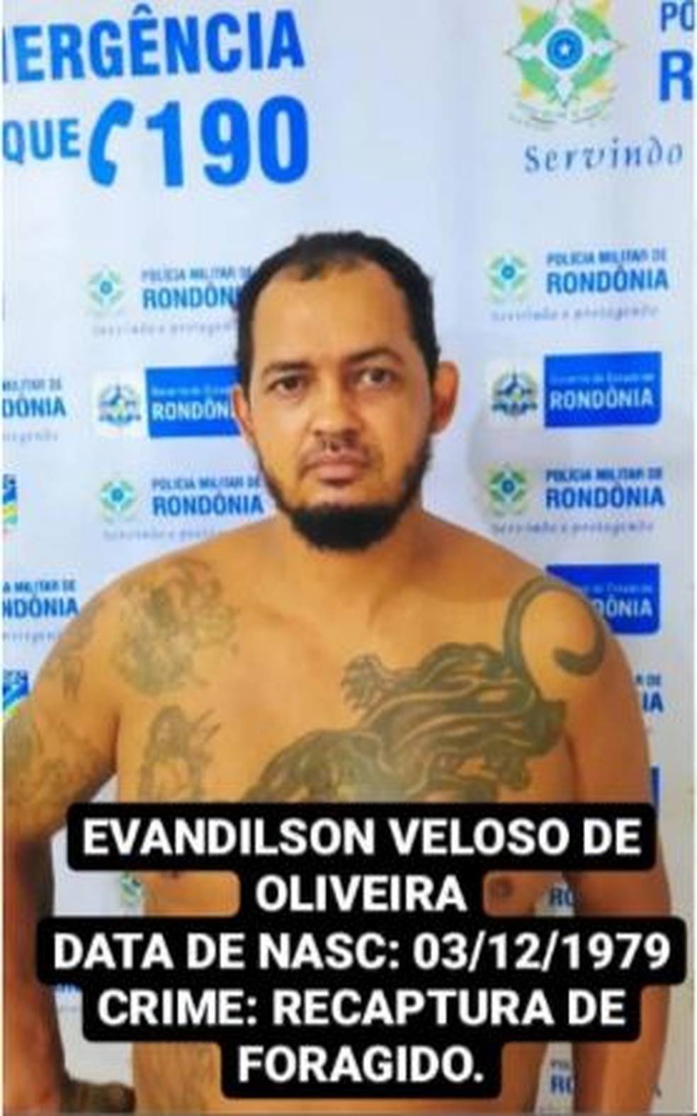 Evandilson Veloso de Oliveira, acusado de matar funcionário da Energisa, é preso em Porto Velho — Foto: Polícia Militar/ divulgação 