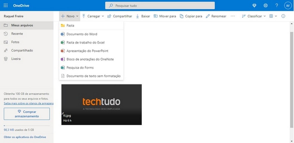 OneDrive Basic permite criar documentos do Office Online — Foto: Reprodução/Raquel Freire