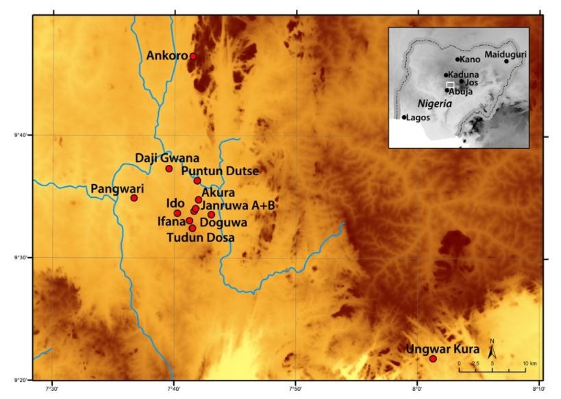 Mapa de distribuição mostrando os sítios arqueológicos de Nok de onde saíram os vasos de cerâmica analisados pelos pesquisadores (Foto: Eyub F. Eyub)