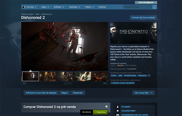 Adicione o Dishonored 2 no carrinho do Steam (Foto: Reprodução/Murilo Molina)