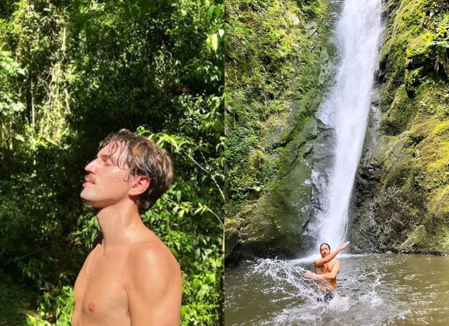 Jesuíta Barbosa aproveita passeio na cachoeira com o namorado,  Cícero Ibeiro