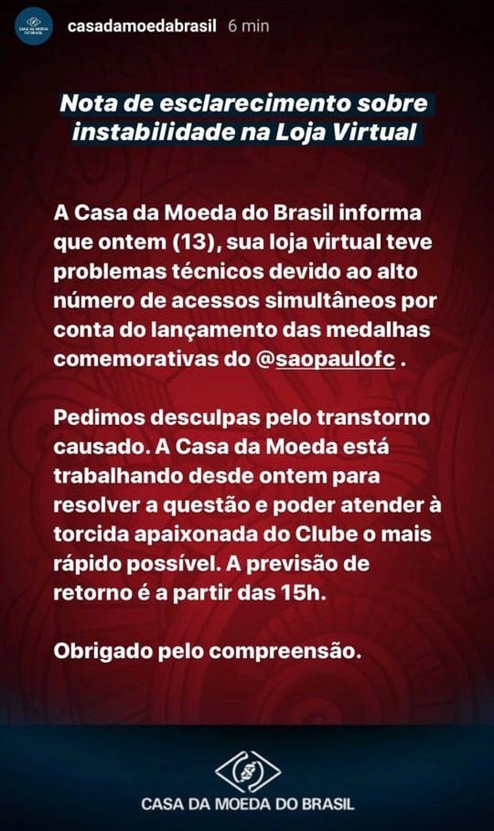 Nota de esclarecimento da Casa da Moeda sobre problemas nas vendas das medalhas do São Paulo — Foto: Reprodução