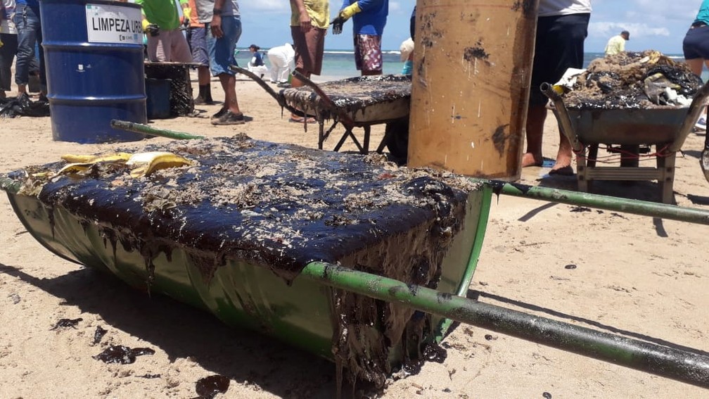 Óleo é recolhido das praias de Ipojuca, no Litoral Sul de Pernambuco — Foto: Luna Markman/GloboNews