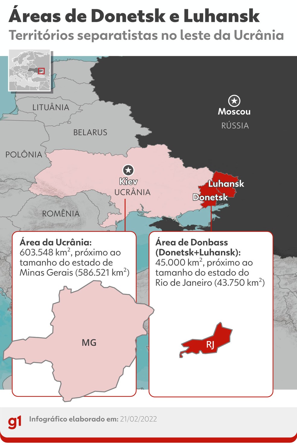 Áreas de Donetsk e Luhansk, reconhecidas como independentes pela Rússia — Foto: Arte g1