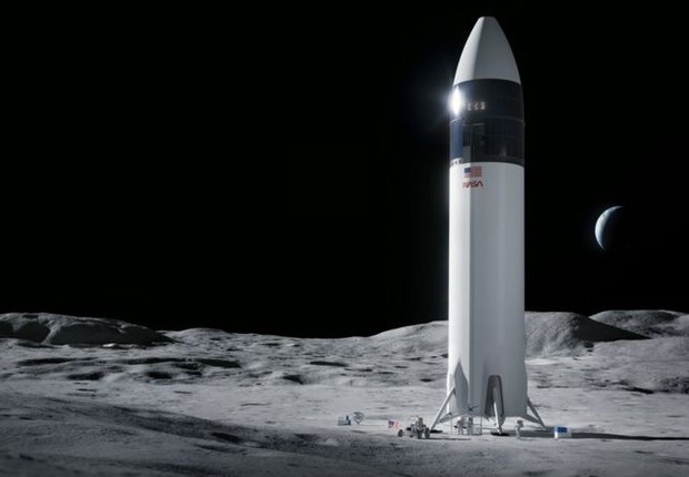 Starship, da empresa SpaceX, deve levar astronautas à Lua pela primeira vez desde 1972 (Foto: NASA via BBC News)