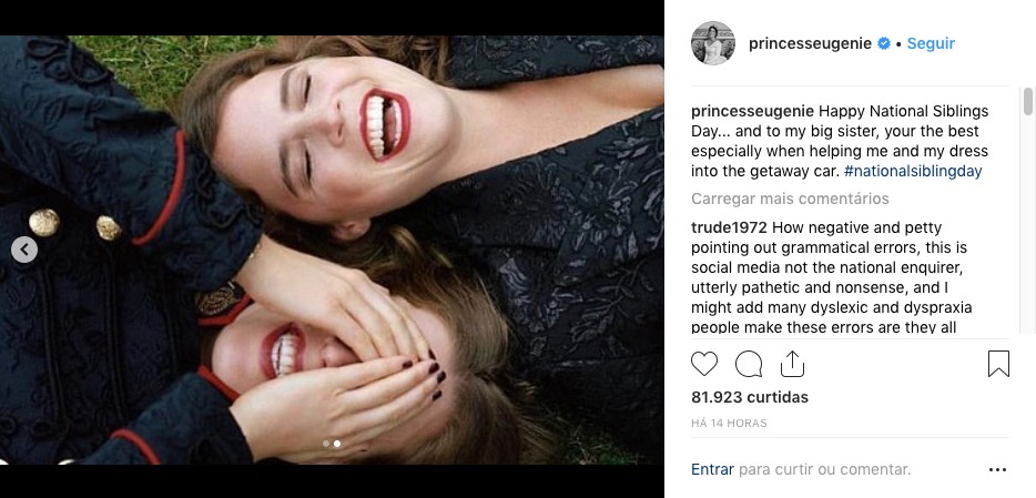O post da Princesa Eugenie em homenagem à irmã que veio acompanhado de um erro gramatical (Foto: Instagram)
