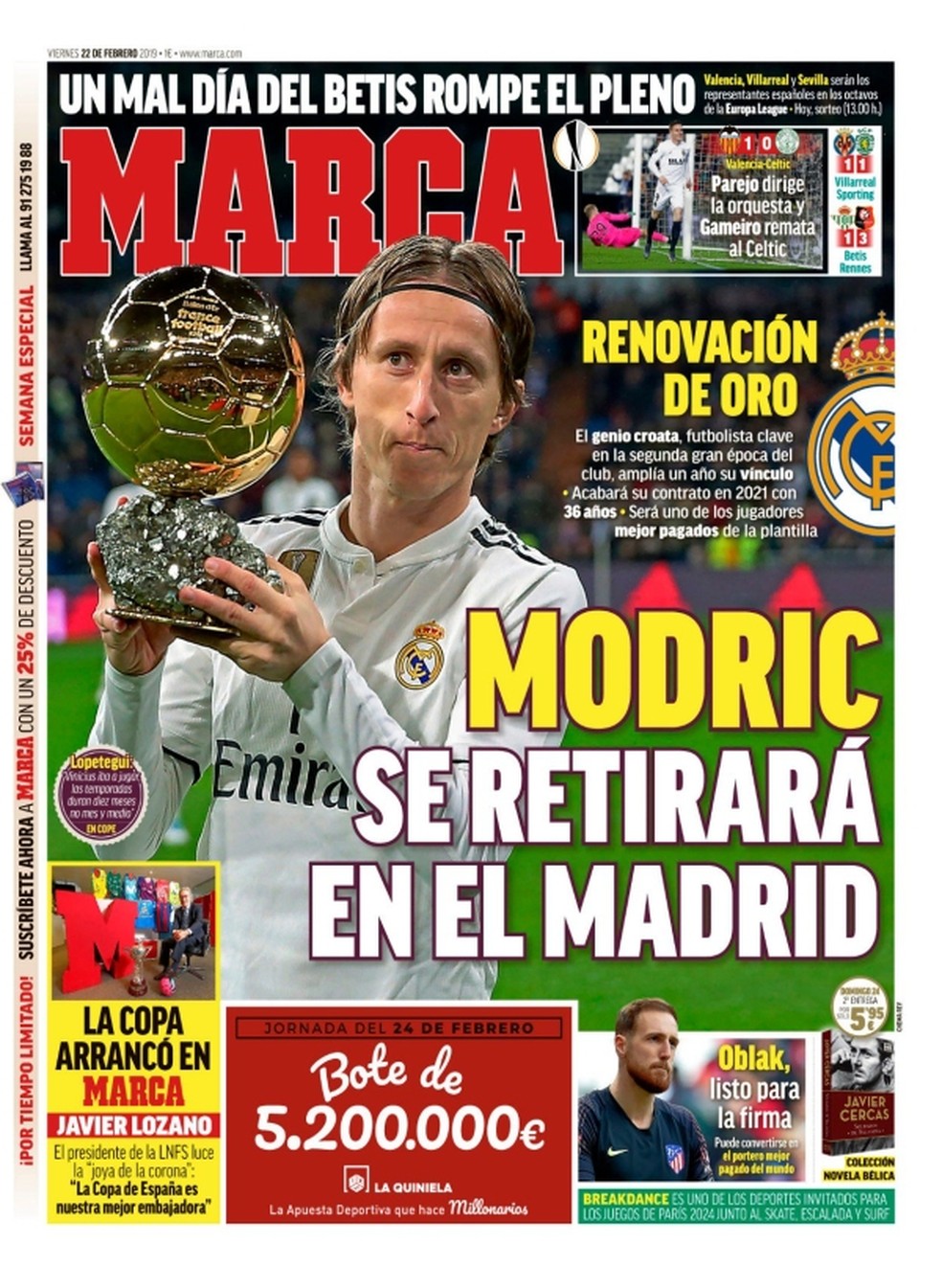 Capa do jornal Marca desta sexta-feira garante que Modric se aposenta aos 36 anos no Real Madrid — Foto: Reprodução