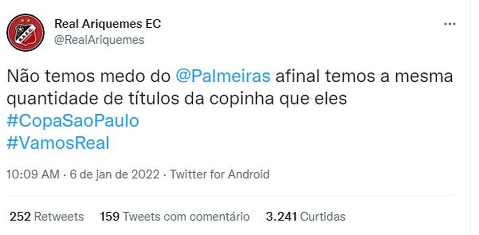 Tweete atribuído à Real Ariquemes provoca Palmeiras; clube nega ligação — Foto: Redes Sociais