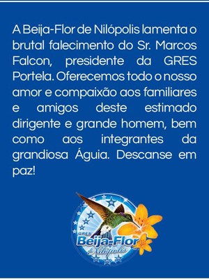 Mensagem de pesar da Beija-Flor sobre morte de Falcon, da Portela (Foto: Reprodução/ Facebook)