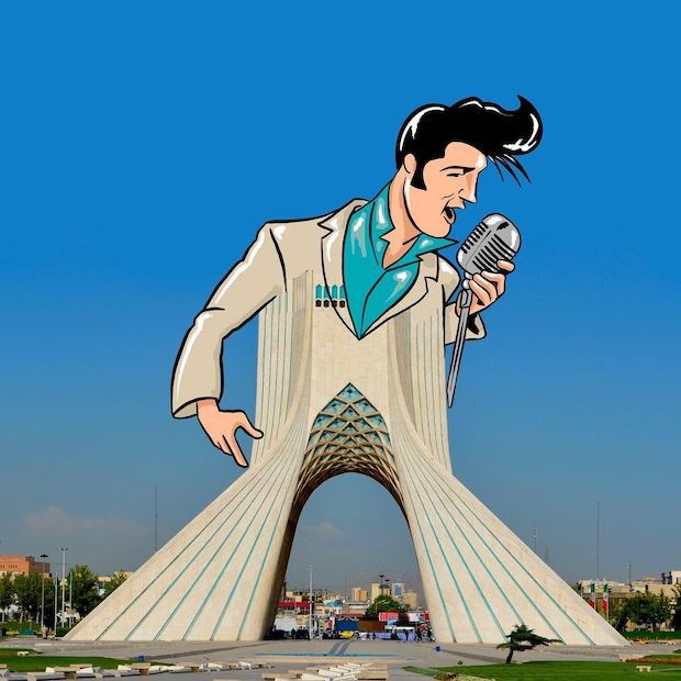 A construção em Teerã, no Irã, se transformou nas famosas calças boca de sino de Elvis Presley (Foto: Robin Yayla / Reprodução)