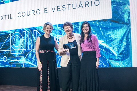 Em Têxtil, Couro e Vestuário, quem levou o prêmio foi a Lupo. A presidente do Grupo Lupo, Liliana Aufiero, subiu ao palco para receber o troféu (Foto: Keiny Andrade)