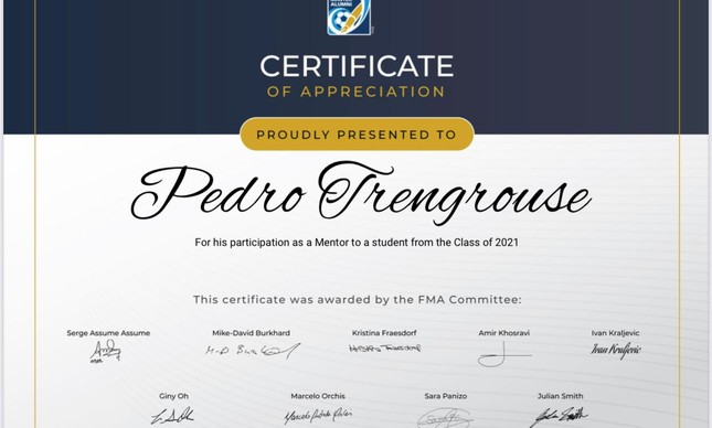 O advogado e professor Pedro Trengrouse recebe homenagens no 10º Encontro Mundial do FIFA Master Alumni (FMA),  em Zurique