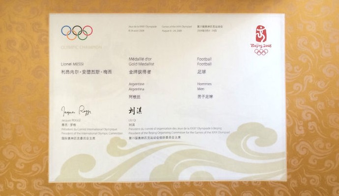 Certificado medalha de ouro Messi Pequim Olimpíada 2008 (Foto: Reprodução)