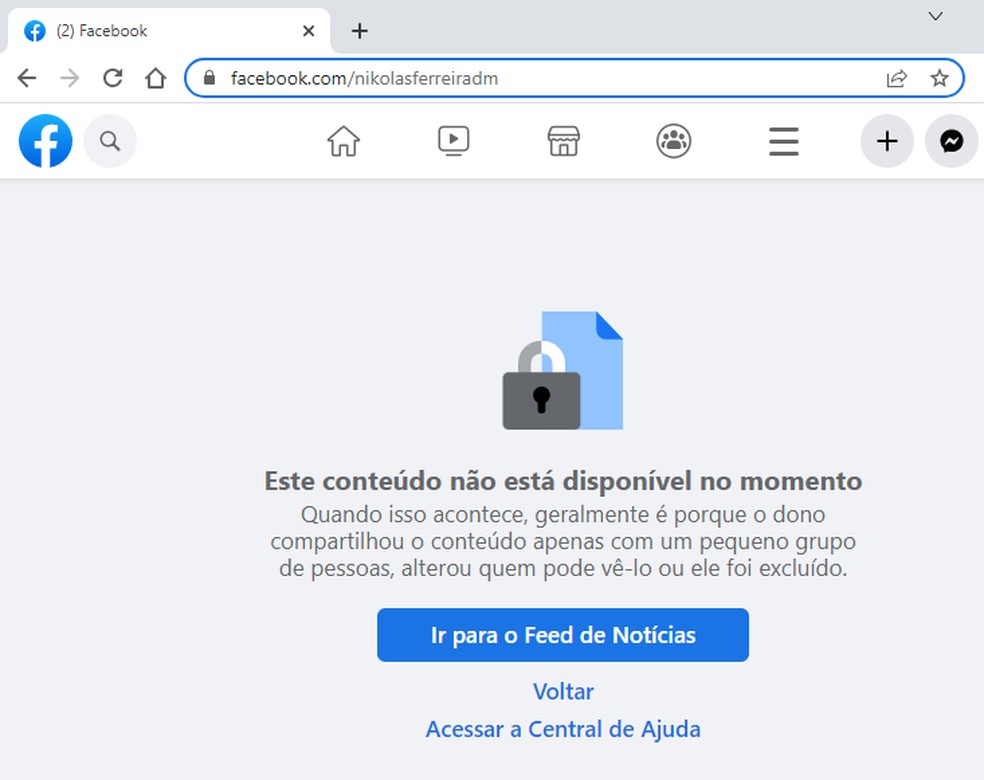 Aviso diz que conta de Nikolas Ferreira está indisponível no Facebook — Foto: Reprodução/Facebook
