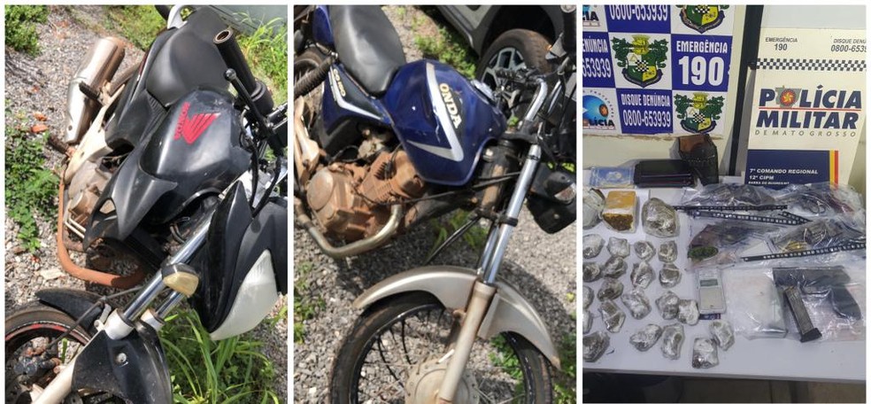 Motos, armas e drogas apreendidas pela polícia no local da ocorrência — Foto: Polícia Militar