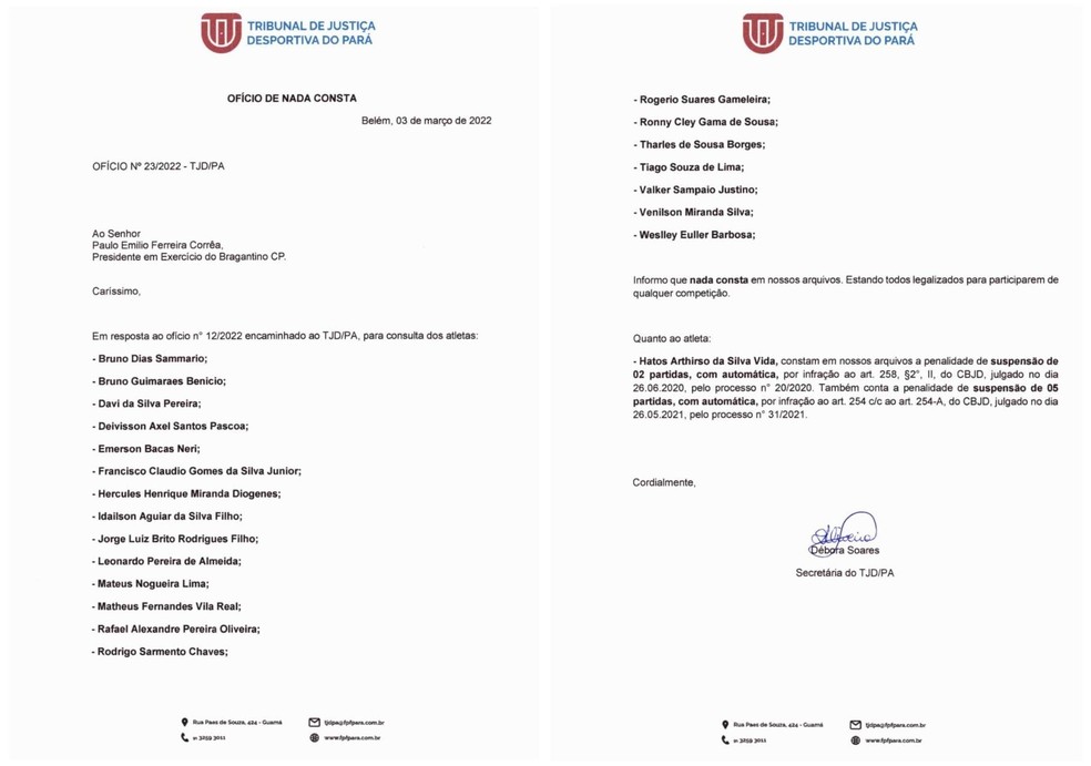 Ofício resposta do Tribunal de Justiça Desportiva do Pará no dia 3 de março — Foto: Divulgação