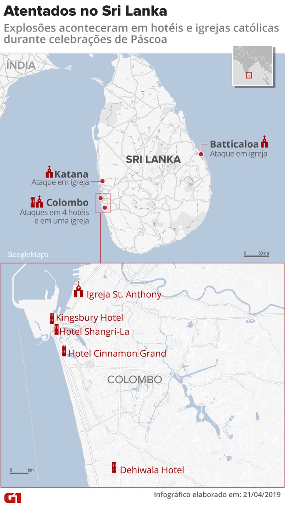 Explosões atingiram 4 hotéis e 3 igrejas no Sri Lanka. — Foto: Rodrigo Cunha/G1