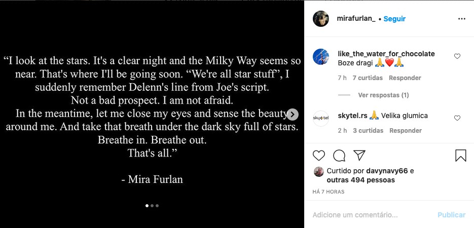 O post com a mensagem de despedida deixada pela atriz croata Mira Furlan (Foto: Instagram)