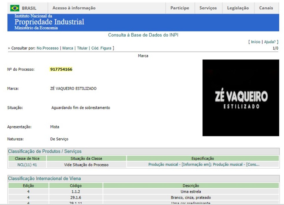 Registro da marca "Zé Vaqueiro Estilizado" estava em aberto no INPI — Foto: Reprodução