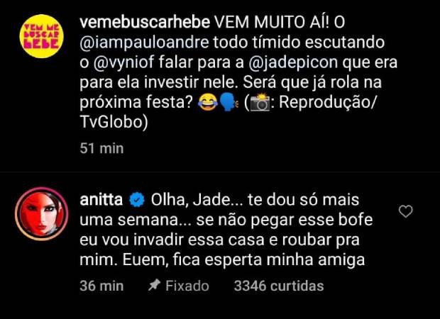 Anitta manda recado para Jade Picon sobre Paulo André (Foto: Reprodução/Instagram)