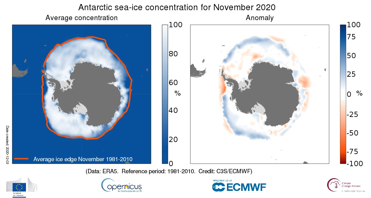 À esquerda: linha laranja grossa denota a borda climatológica do gelo em novembro para o período de 1981-2010. À direita: variação da concentração de gelo do mar Antártico para novembro de 2020 em relação à média do mesmo período entre 1981-2010 (Foto: Copernicus Climate Change Service/ECMWF)