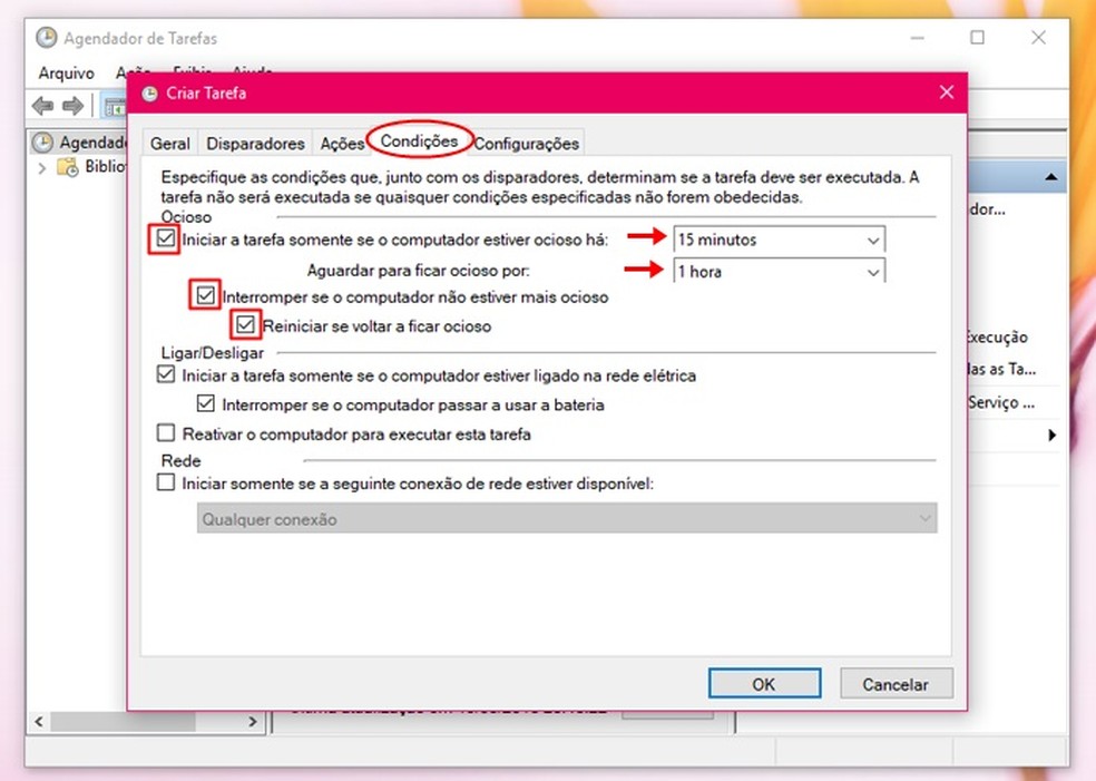 Configure as condições no Agendador de Tarefas do Windows — Foto: Reprodução/Taysa Coelho