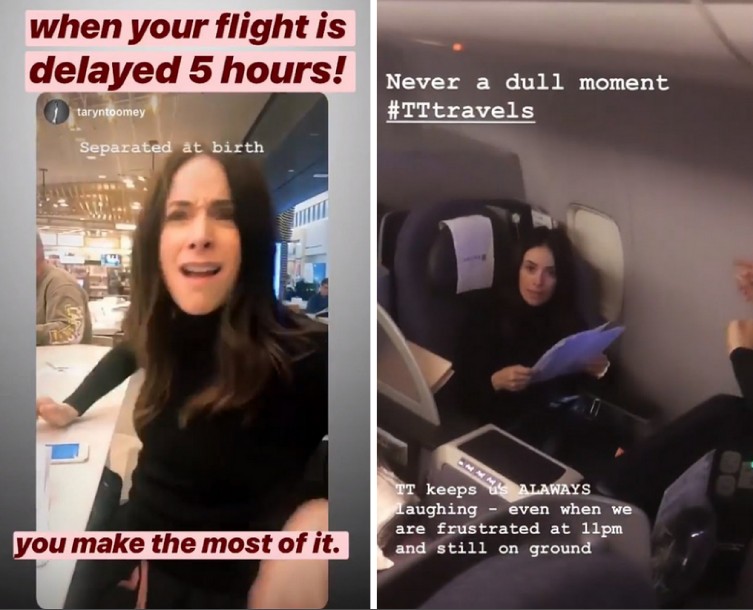 A atriz e melhor amiga de Meghan Markle, Abigail Spencer, lamentando o atraso de seu voo após o chá de bebê da esposa do príncipe Harry (Foto: Instagram)