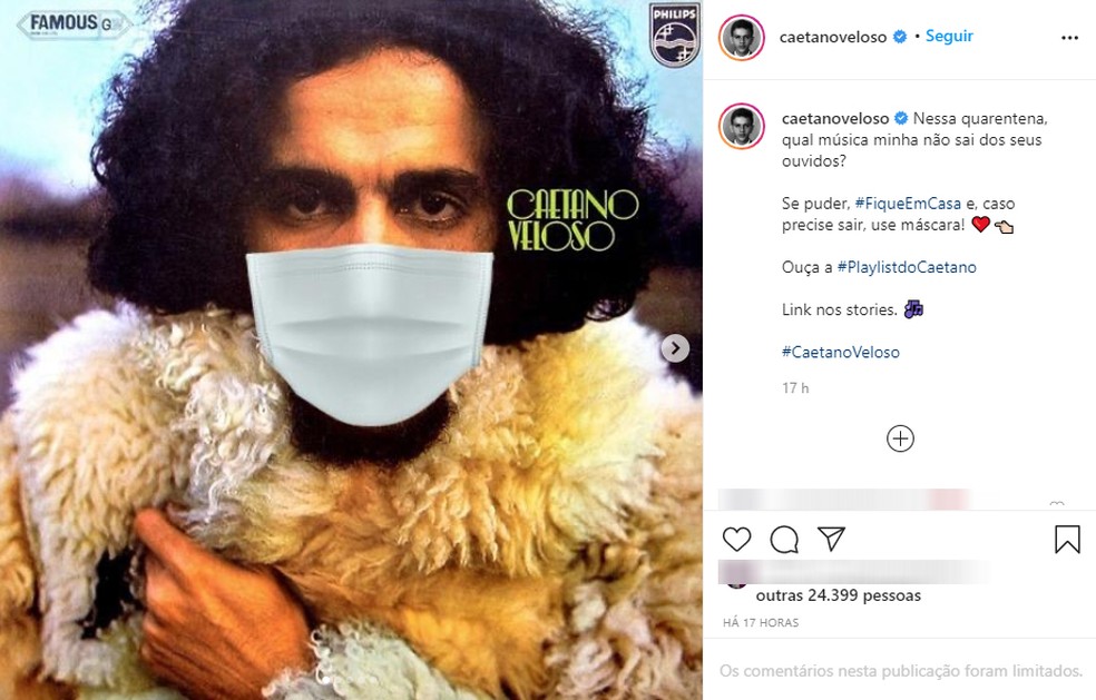 Caetano postou montagem em cima de capas de discos mostrando ele com máscara de proteção — Foto: Reprodução/Instagram