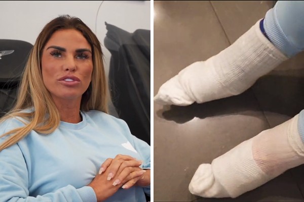 Katie Price e seus pés envoltos em bandagens (Foto: reprodução)
