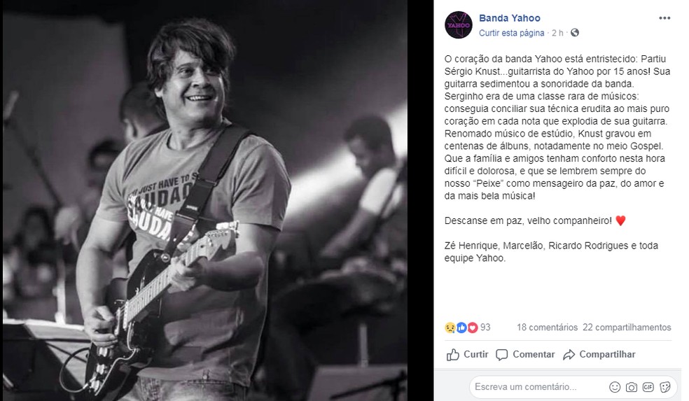 A Banda Yahoo lamentou a morte do músico em uma rede social — Foto: Reprodução / Facebook