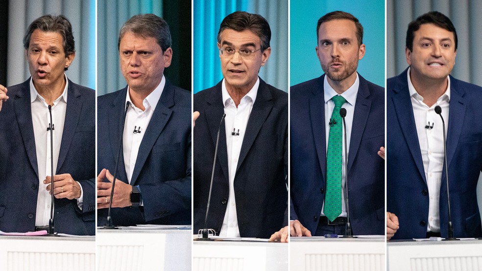 Fernando Haddad, Tarcísio, Rodrigo Garcia, Vinicius Poit e Elvis Cezar durante debate de candidatos ao governo de SP na TV Globo — Foto: Fábio Tito/g1