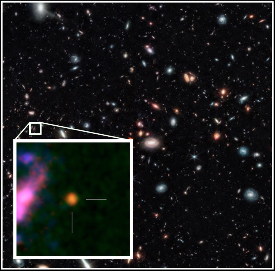 O conjunto de radiotelescópios ALMA identificou a idade cósmica exata de uma galáxia distante identificada pelo James Webb, GHZ2/GLASS-z12, em 367 milhões de anos após o Big Bang