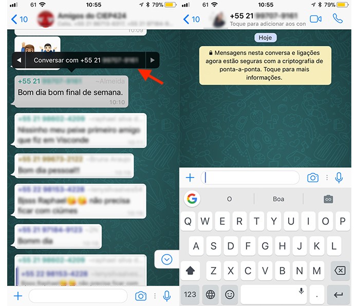 Ação para abrir uma conversa privada com um membro de um grupo do WhatsApp