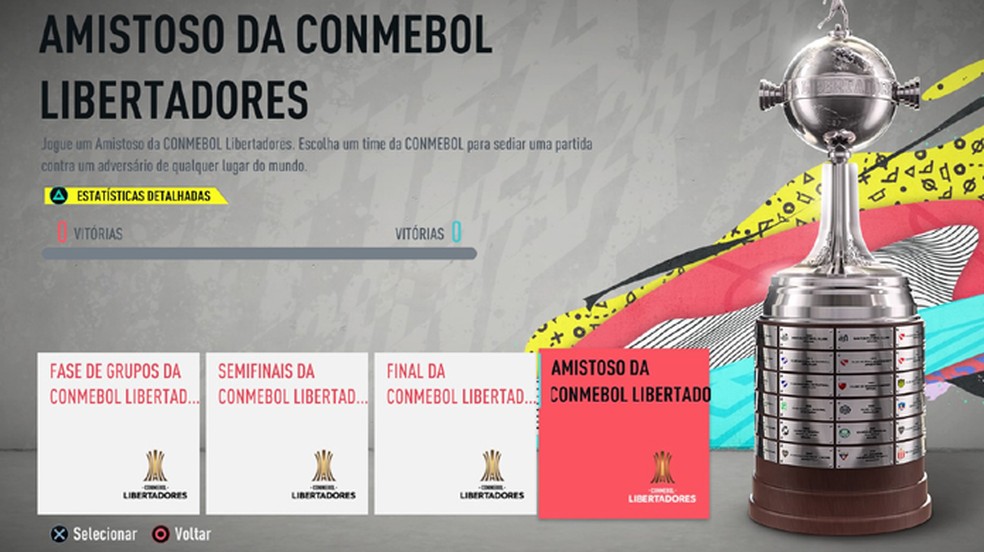 Escolha uma fase da Copa Libertadores ou apenas um amistoso em Fifa 20 — Foto: Reprodução/Rafael Monteiro