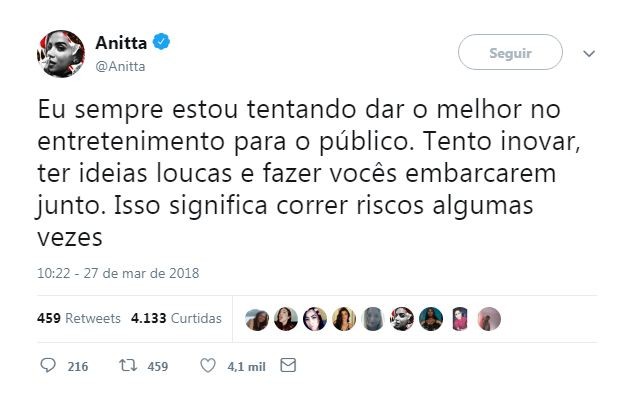 Após críticas, Anitta justifica atraso de clipe ao vivo (Foto: Reprodução/Twitter)
