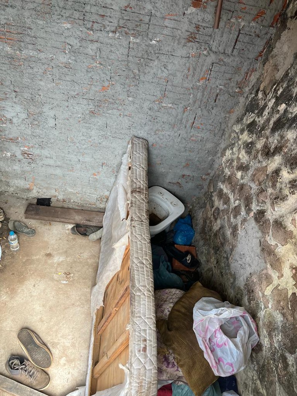 Homem dormia sobre estrados de uma cama, sem colchão, que apresentava mofo, rasgos e muita sujeira — Foto: MPT/Divulgação