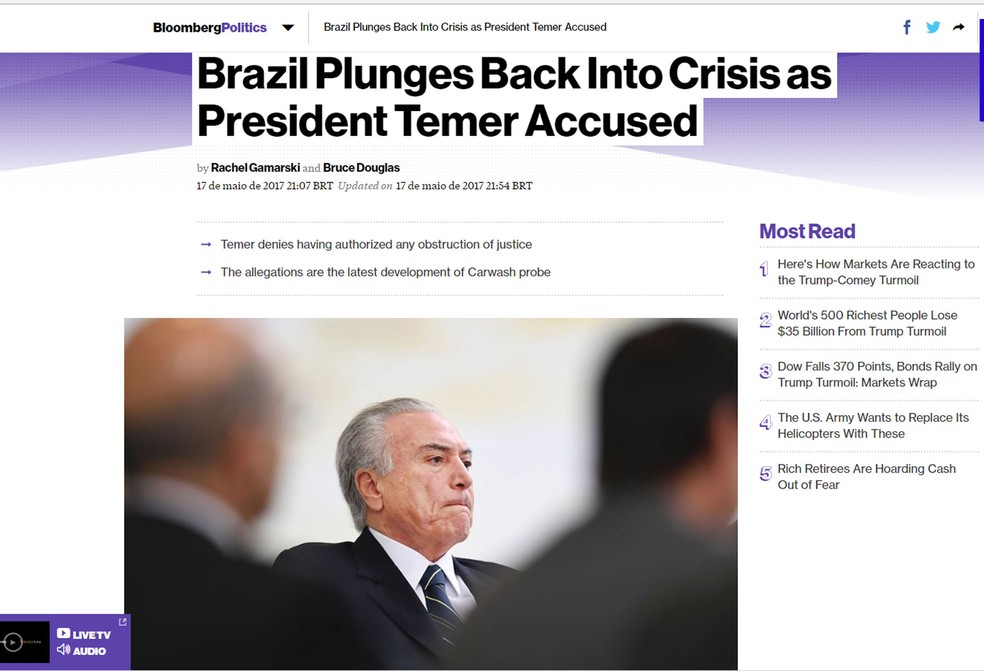 Bloomberg noticiou nova crise política no Brasil (Foto: Reprodução/Bloomberg)