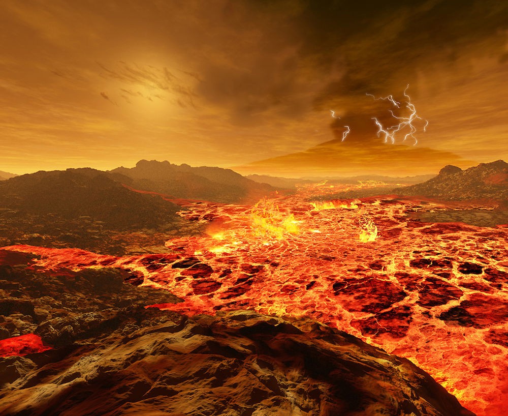 Vênus, 108 milhões de quilômetros do Sol. A atmosfera é sufocante, com muito dióxido de carbono, e o ambiente é infernal, com vulcões e lava por toda parte (Foto: Ron Miller | Divulgação)
