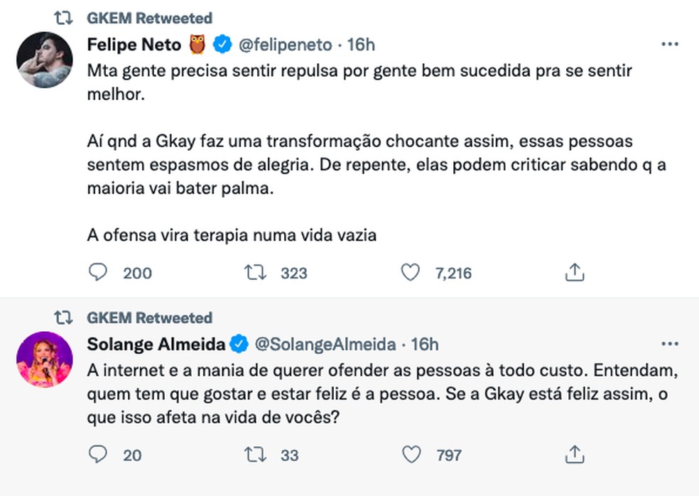 Felipe Neto e Solange Almeida defendem Gkay — Foto: Reprodução/Twitter