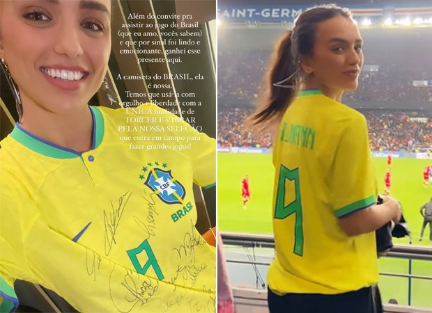 Rafa Kalimann ganha camisa personalizada e autografada ao curtir jogo do Brasil