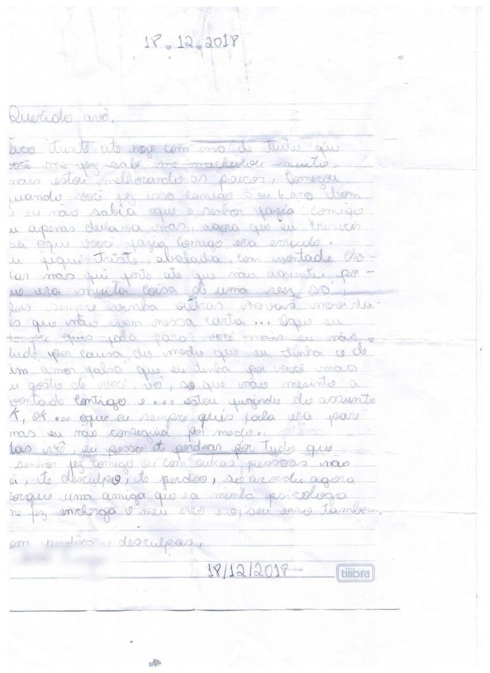 Na carta, menina de 12 anos relata abusos que sofreu do pai e do avô por 9 anos — Foto: Divulgação/Polícia Civil
