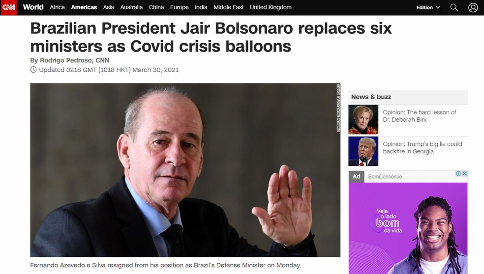 CNN: imprensa internacional noticia reforma ministerial de Bolsonaro — Foto: Reprodução/CNN